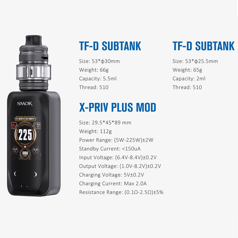 SMOK X-PRIV Plus Mod Kit TF-D Sub-ohm Tank 225W 5.5ml (Including Batteries) - Image 3